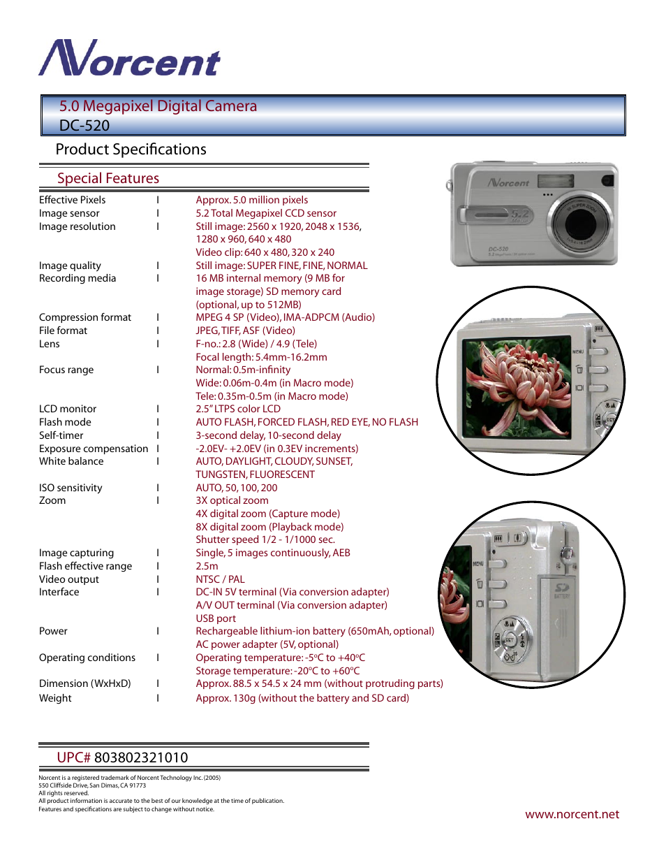 0 megapixel digital camera dc-520, Product speciﬁcations, Special features | Norcent Technologies DC-520 User Manual | Page 2 / 2