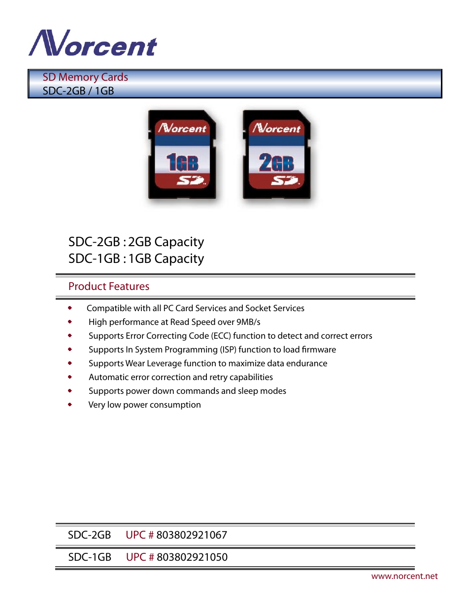 Norcent Technologies SD Memory Cards SDC-2GB / 1GB User Manual | 1 page