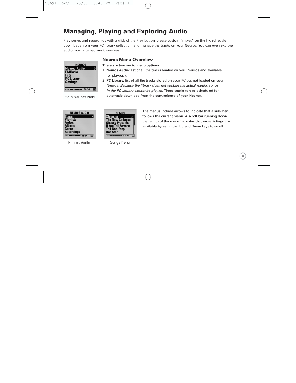 Managing, playing and exploring audio | Neuros Audio MP3 DiGITAL AUDIO COMPUTER User Manual | Page 13 / 39