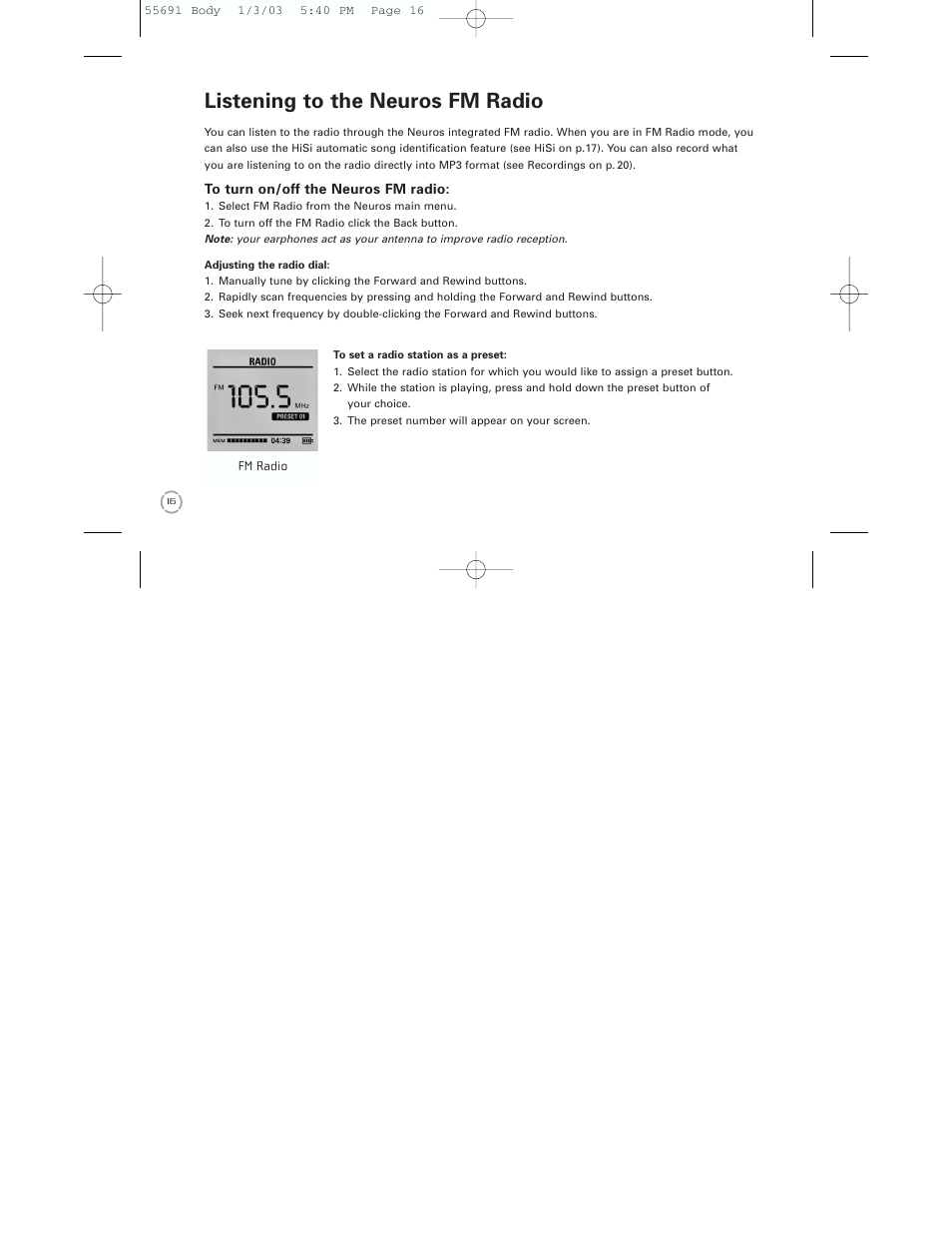 Listening to the neuros fm radio | Neuros Audio MP3 DiGITAL AUDIO COMPUTER User Manual | Page 18 / 39