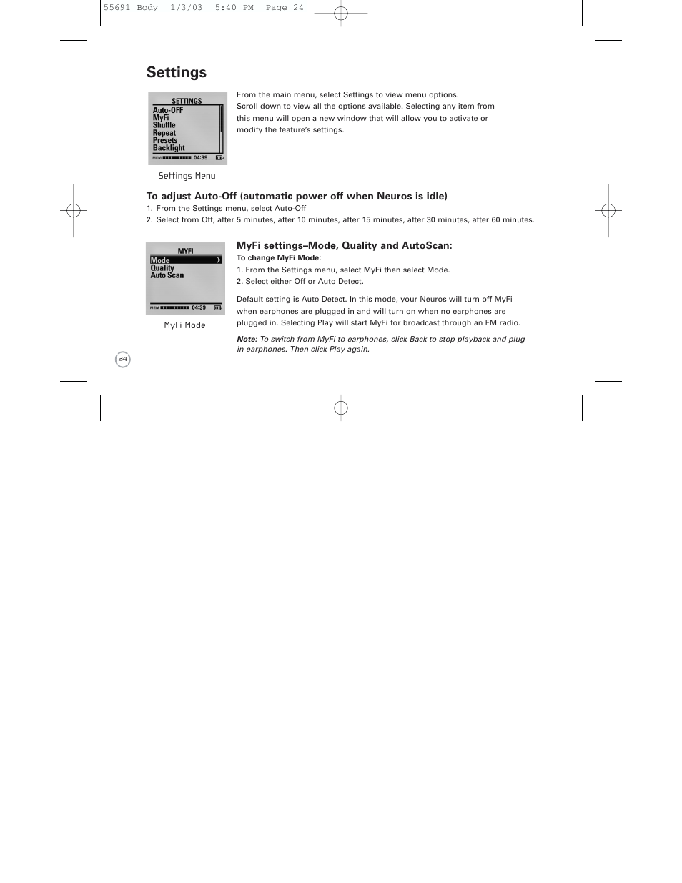 Settings | Neuros Audio MP3 DiGITAL AUDIO COMPUTER User Manual | Page 26 / 39