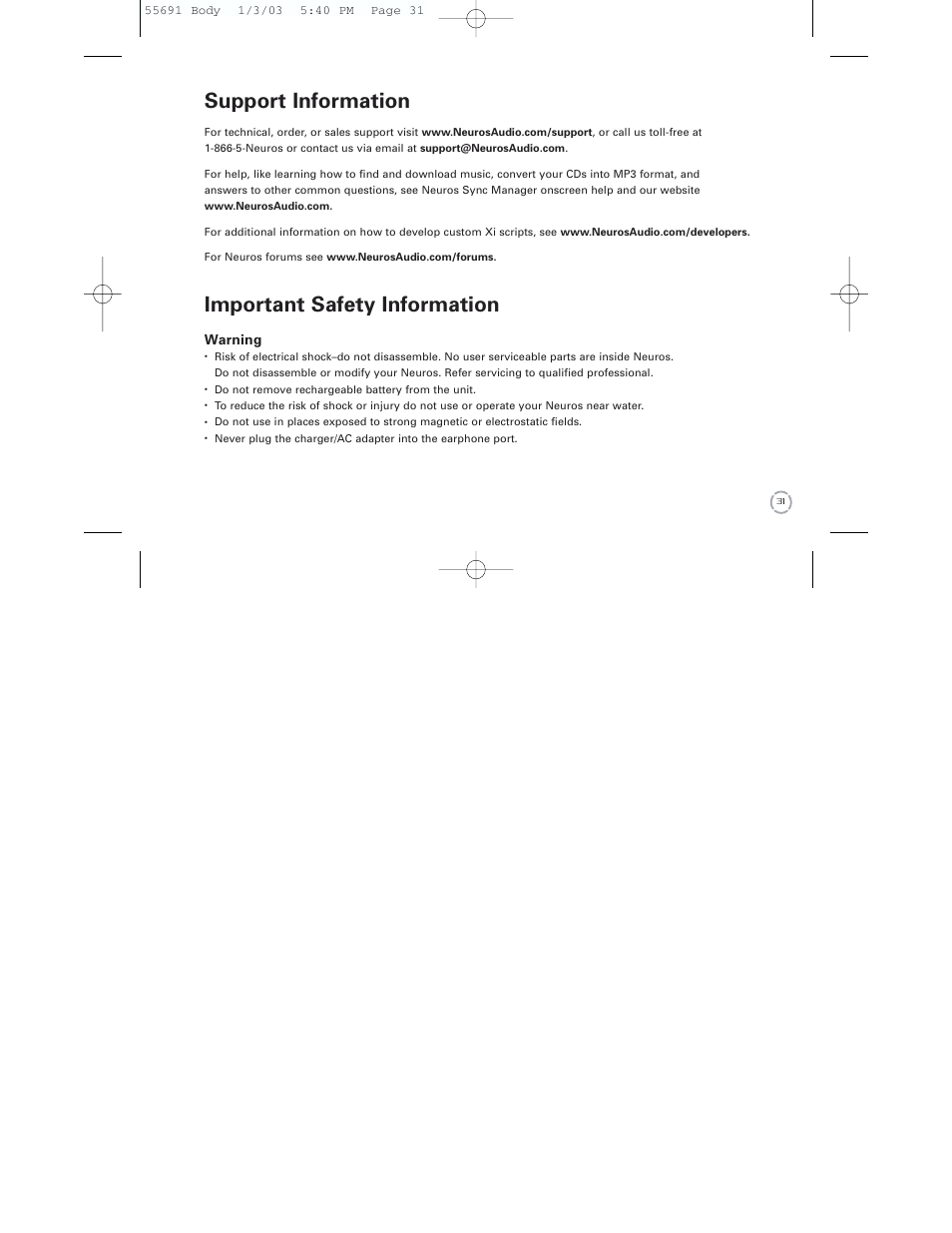 Support information, Important safety information | Neuros Audio MP3 DiGITAL AUDIO COMPUTER User Manual | Page 33 / 39