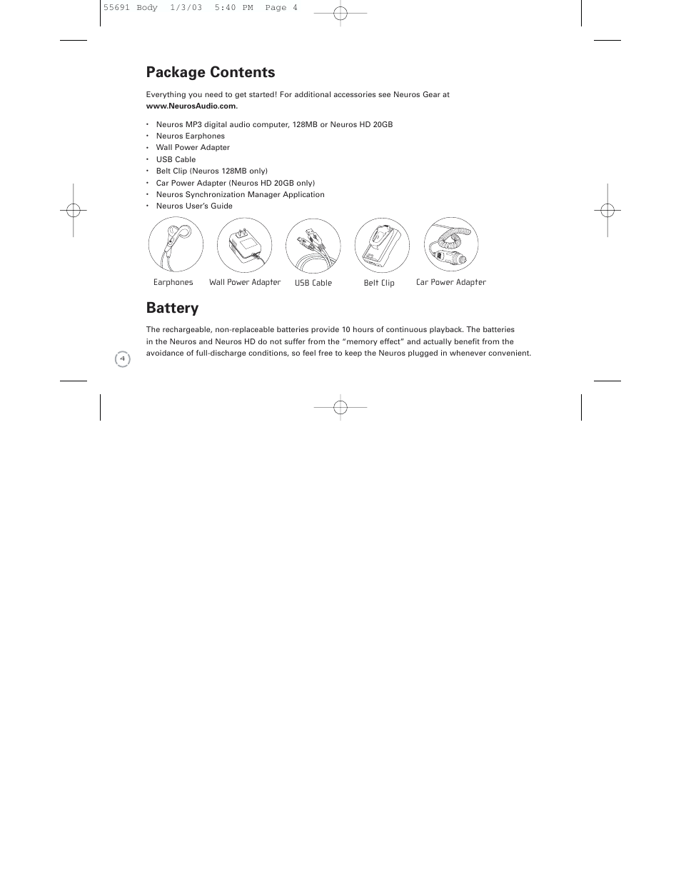 Package contents, Battery | Neuros Audio MP3 DiGITAL AUDIO COMPUTER User Manual | Page 6 / 39