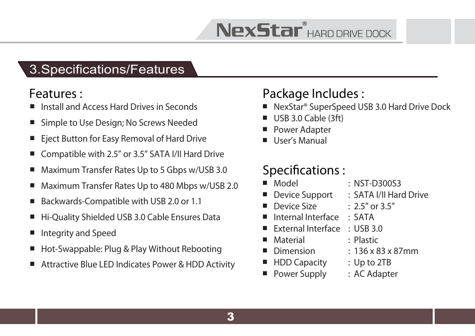 Features, Specifications, Package includes | Specifications/features | Nexstar PRO IMAGER 7650 User Manual | Page 4 / 13