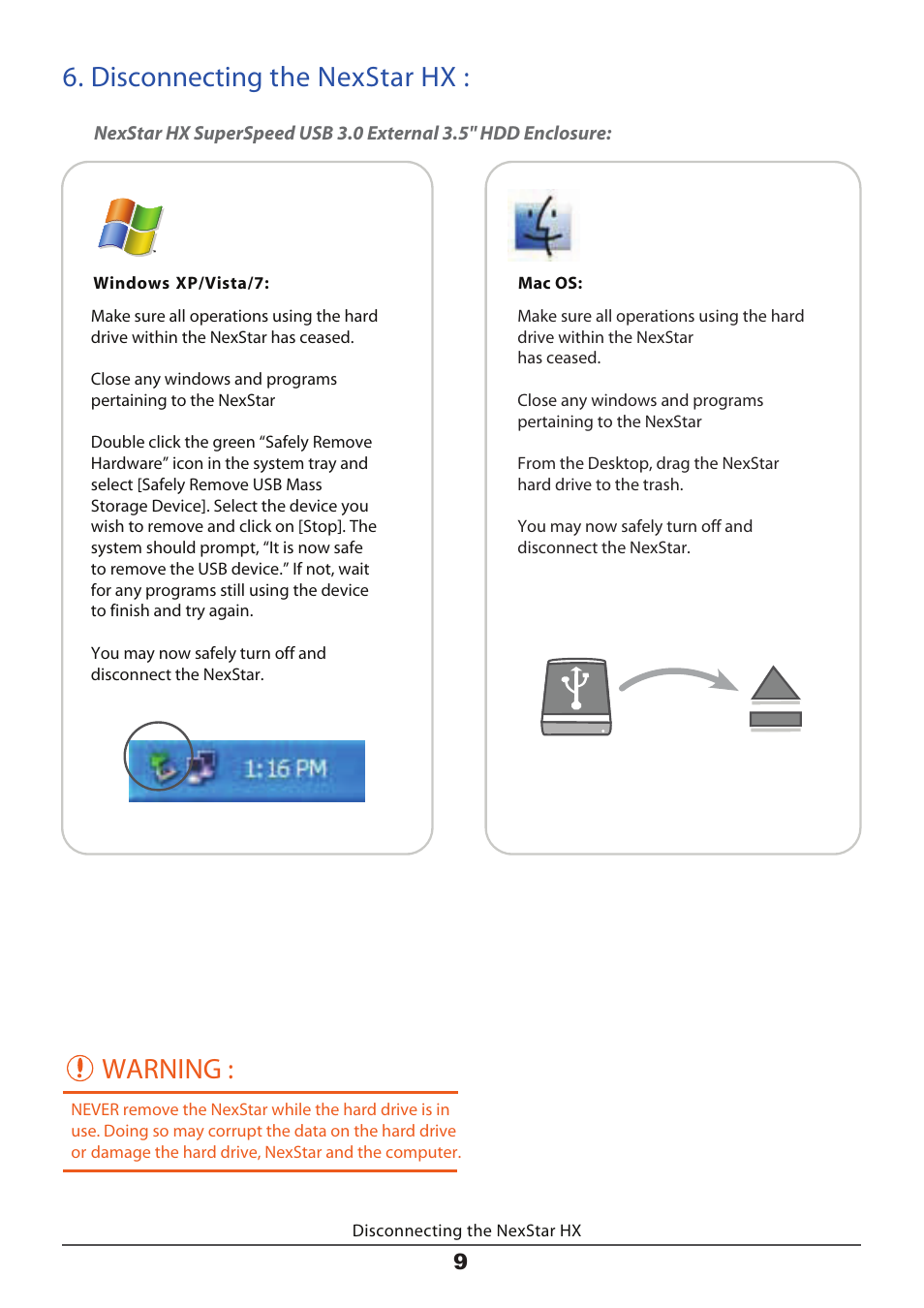 Warning, Disconnecting the nexstar hx | Nexstar HX User Manual | Page 11 / 15