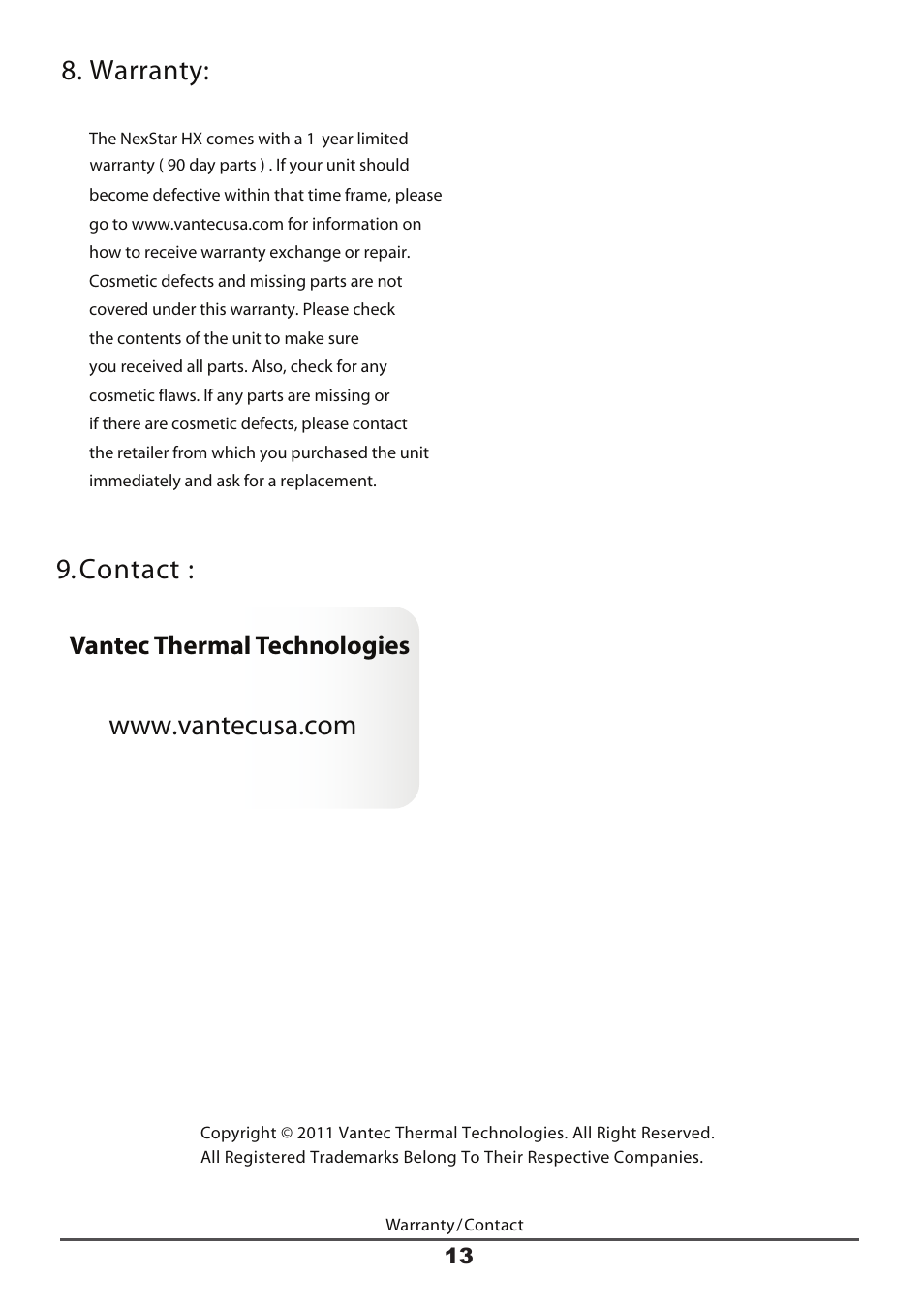 Warranty: 9. contact, Vantec thermal technologies | Nexstar HX User Manual | Page 15 / 15