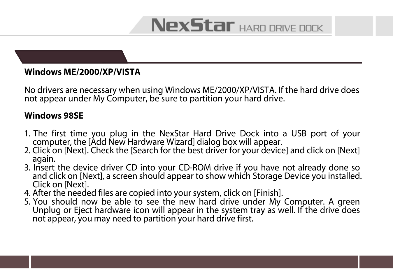 Driver installation, Windows me/2000/xp/vista windows 98se | Nexstar VANTEC NST-D100SU User Manual | Page 10 / 12