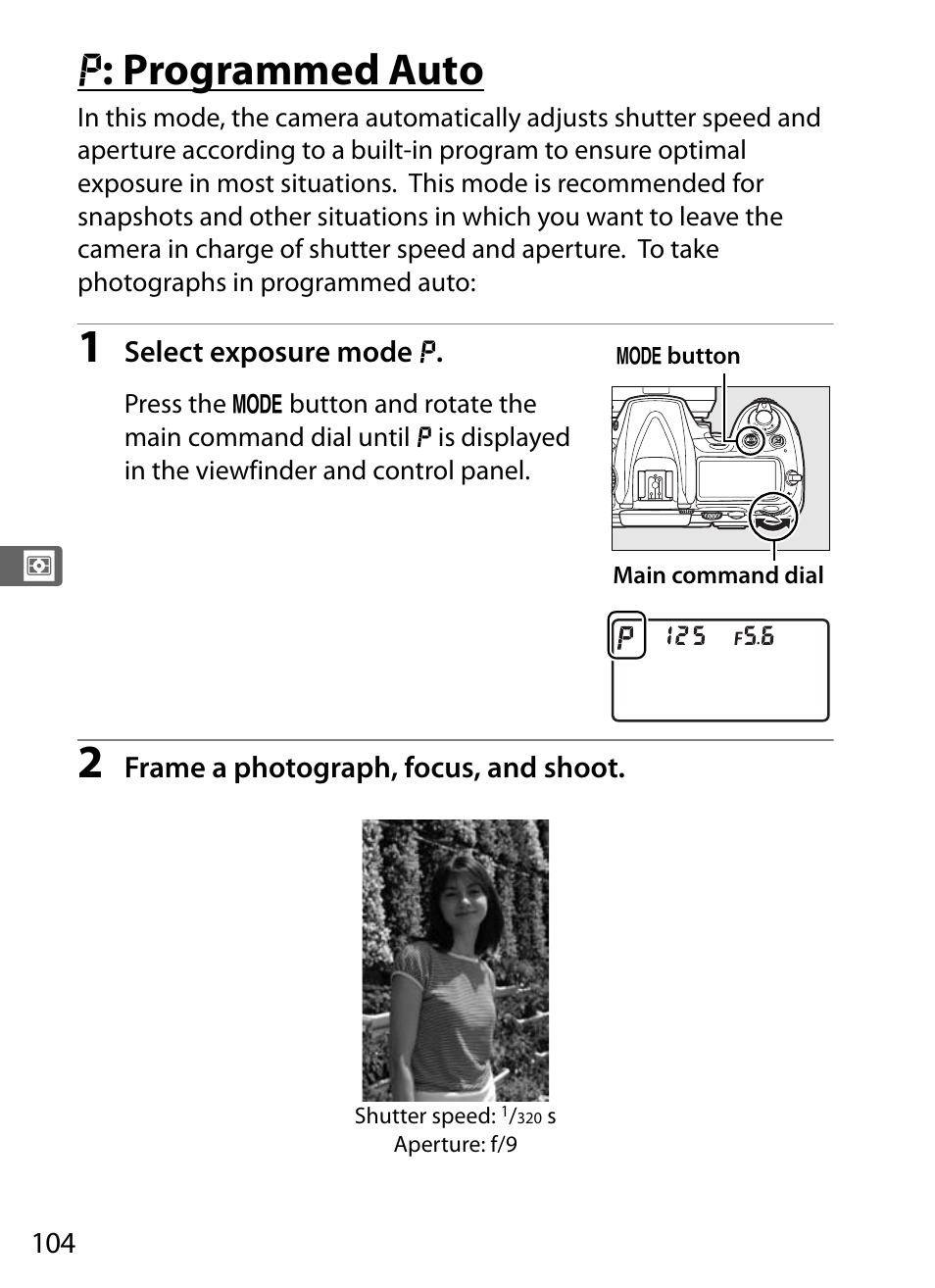 P: programmed auto, E : programmed auto | Nikon D300 User Manual | Page 130 / 452