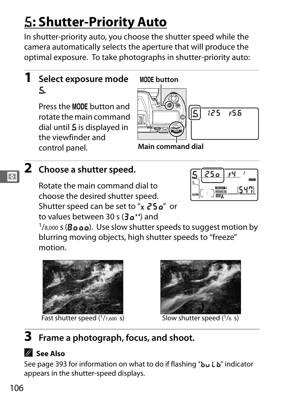 S: shutter-priority auto, F : shutter-priority auto | Nikon D300 User Manual | Page 132 / 452