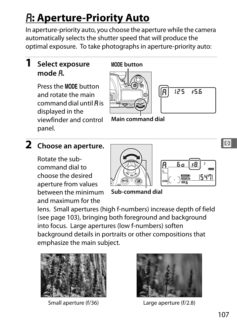 A: aperture-priority auto, G : aperture-priority auto | Nikon D300 User Manual | Page 133 / 452