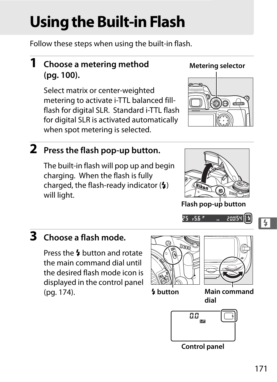 Using the built-in flash | Nikon D300 User Manual | Page 197 / 452