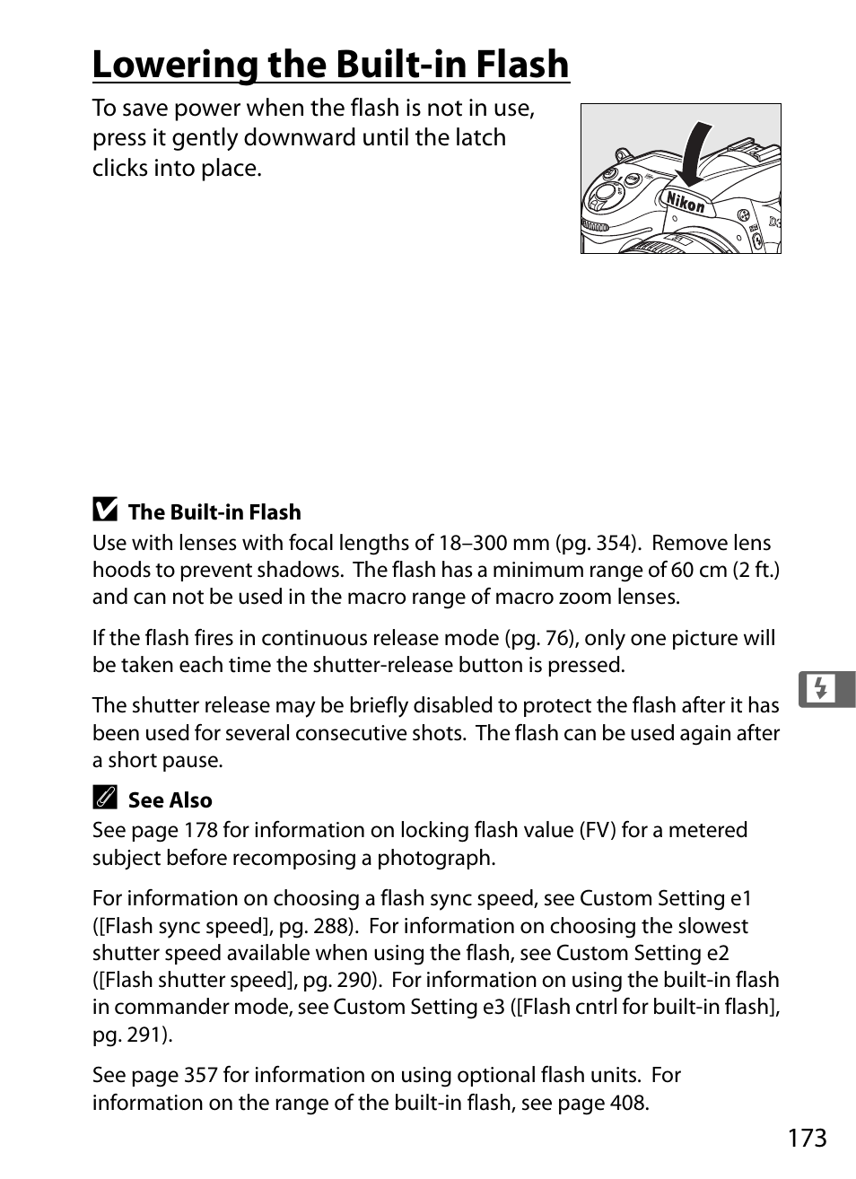 Lowering the built-in flash | Nikon D300 User Manual | Page 199 / 452