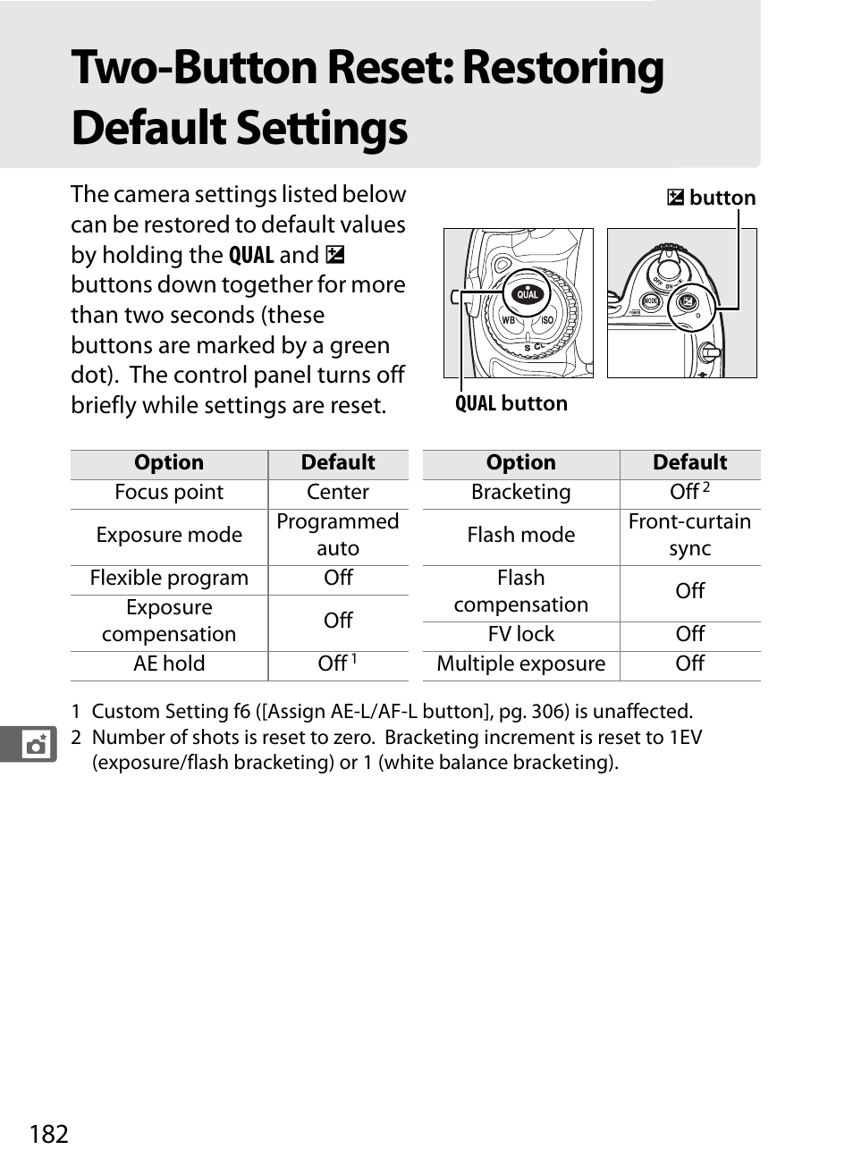 Two-button reset: restoring default settings | Nikon D300 User Manual | Page 208 / 452