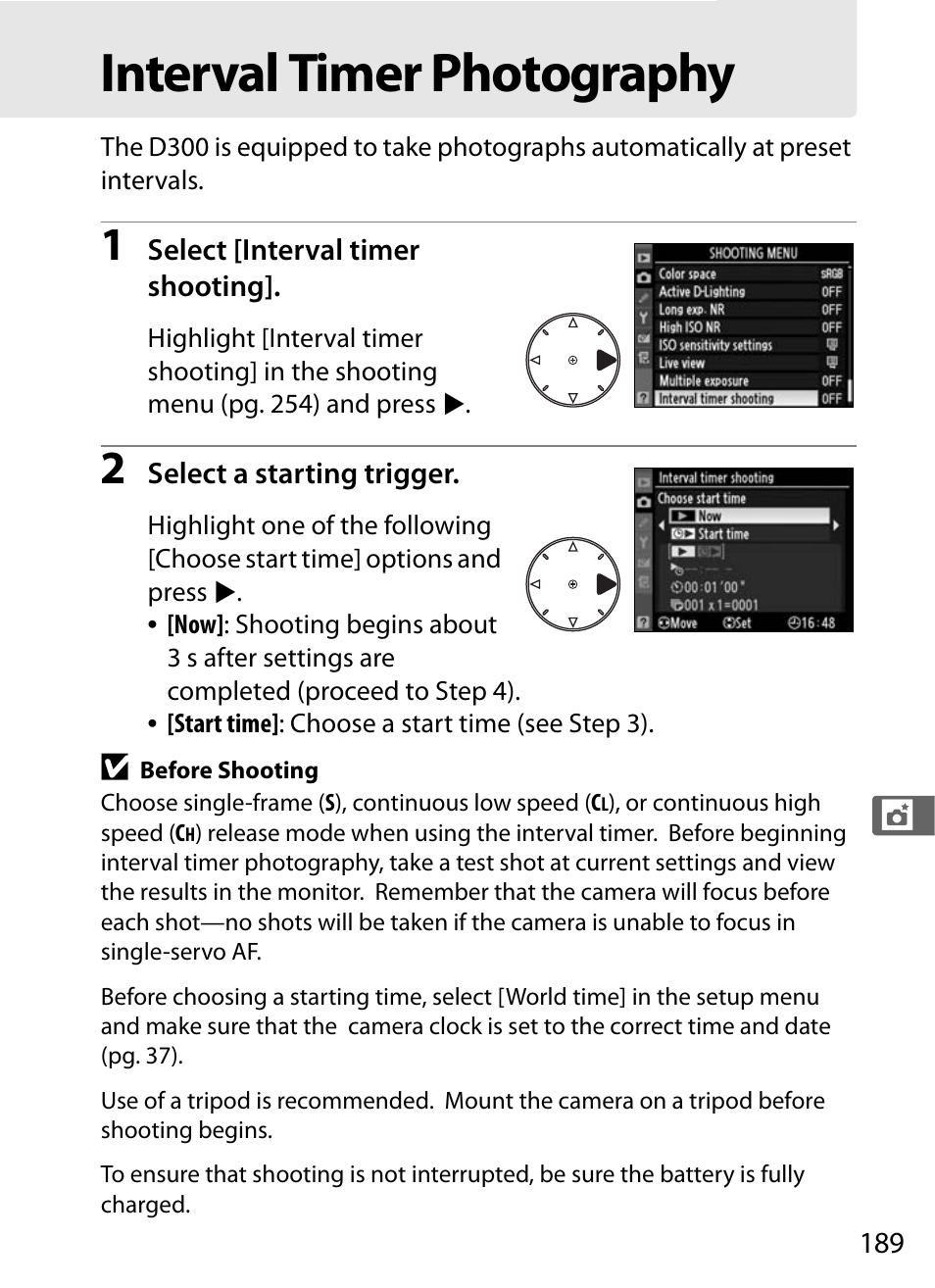 Interval timer photography | Nikon D300 User Manual | Page 215 / 452