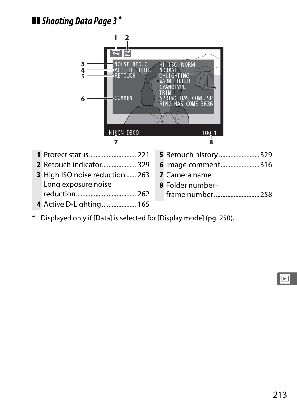 Shooting data page 3 | Nikon D300 User Manual | Page 239 / 452