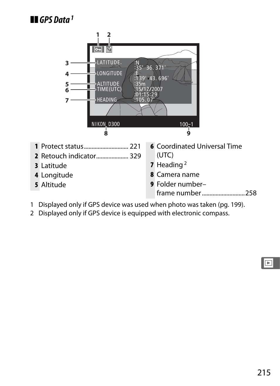 Gps data, 8 camera name 9 folder number– frame number | Nikon D300 User Manual | Page 241 / 452