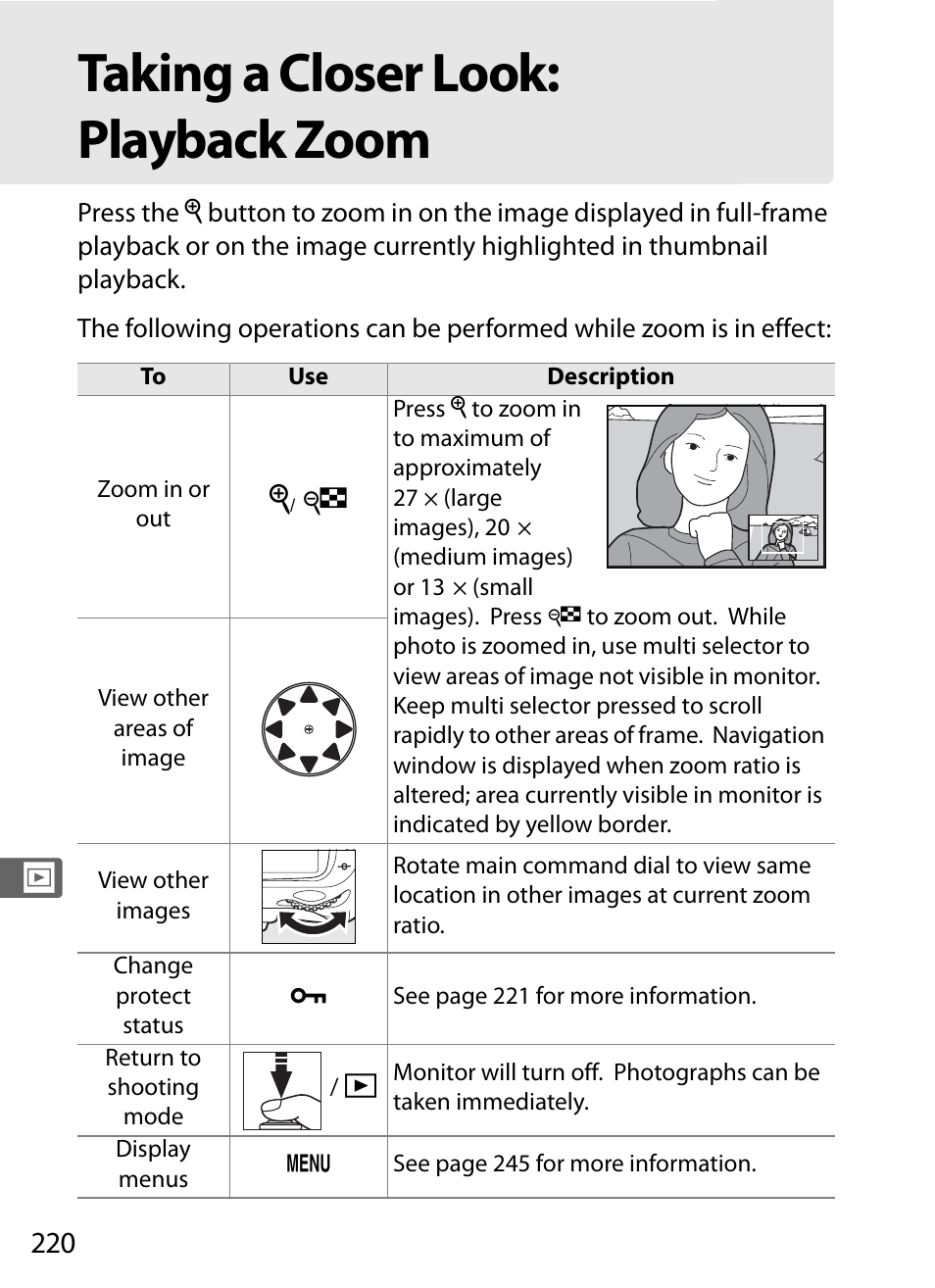 Taking a closer look: playback zoom | Nikon D300 User Manual | Page 246 / 452
