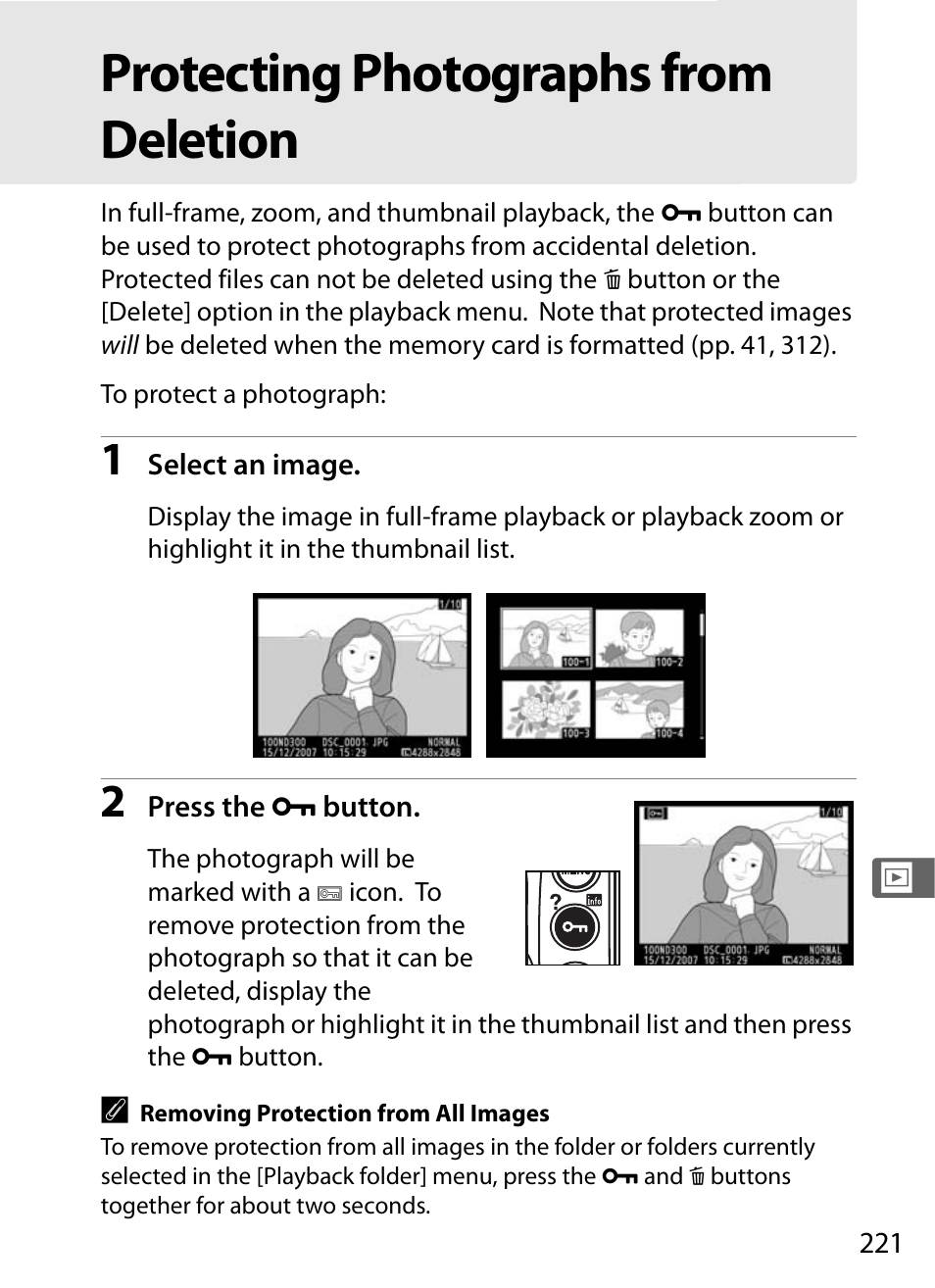 Protecting photographs from deletion | Nikon D300 User Manual | Page 247 / 452