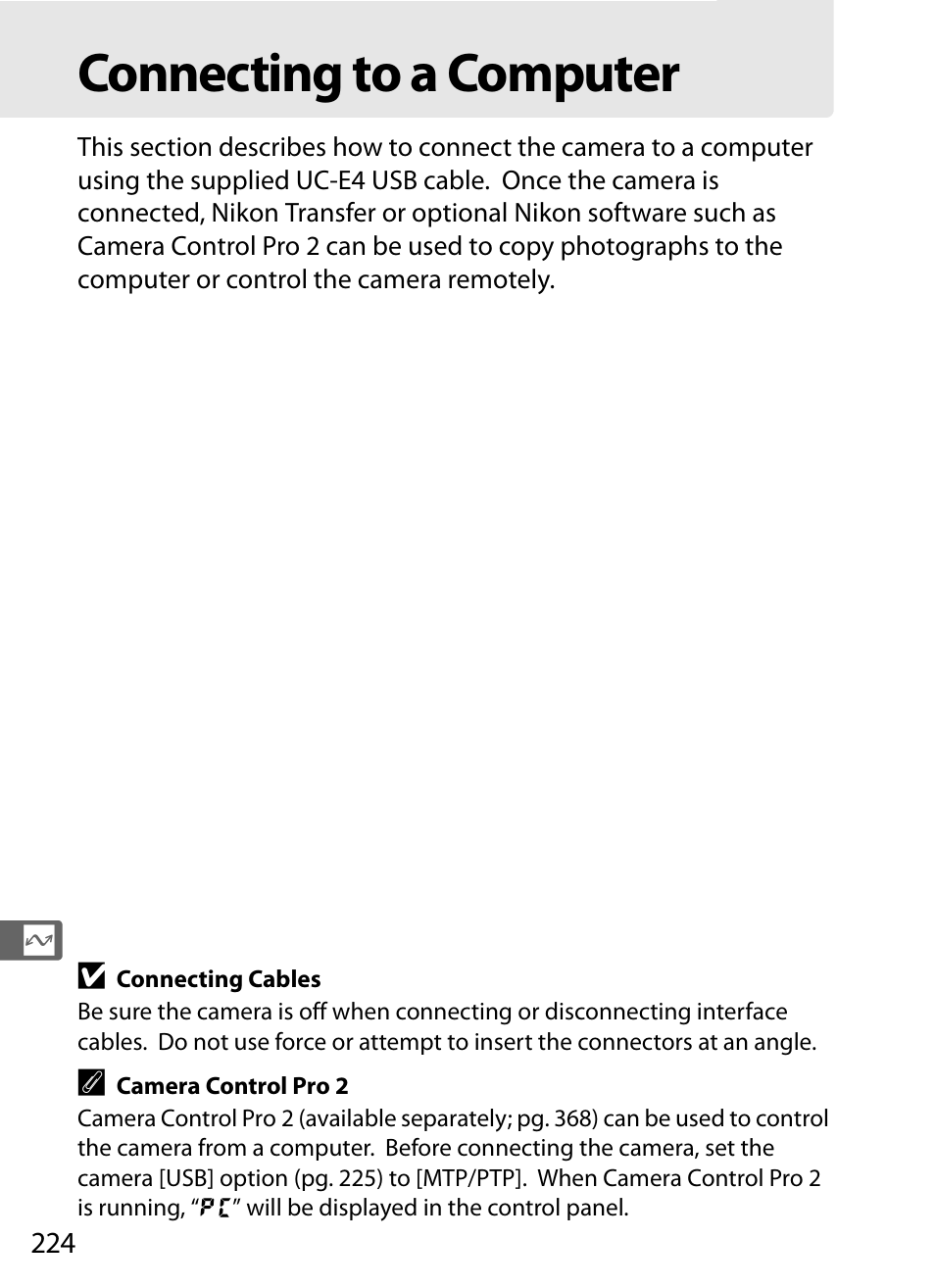 Connecting to a computer | Nikon D300 User Manual | Page 250 / 452