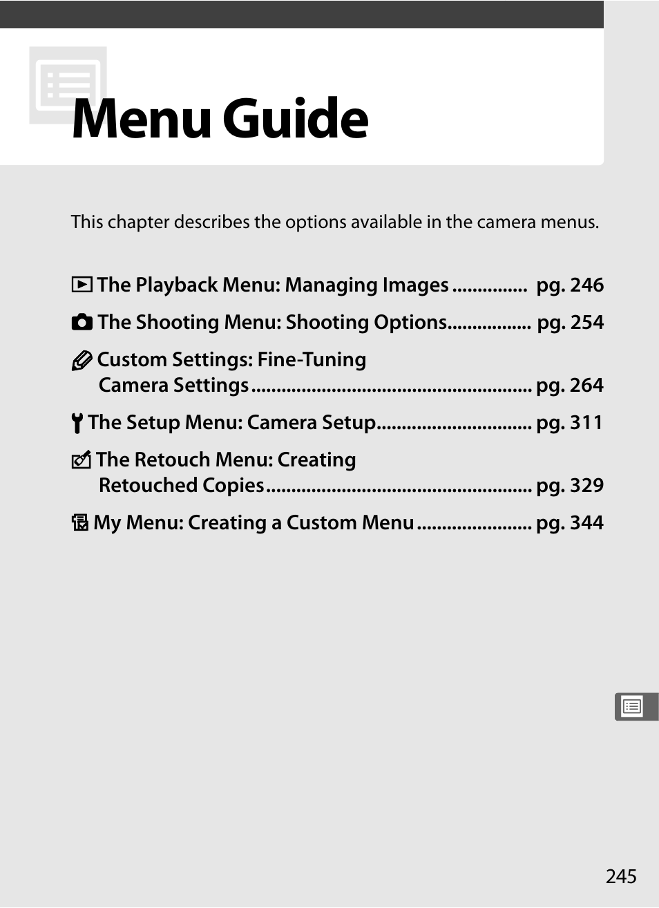 Menu guide | Nikon D300 User Manual | Page 271 / 452