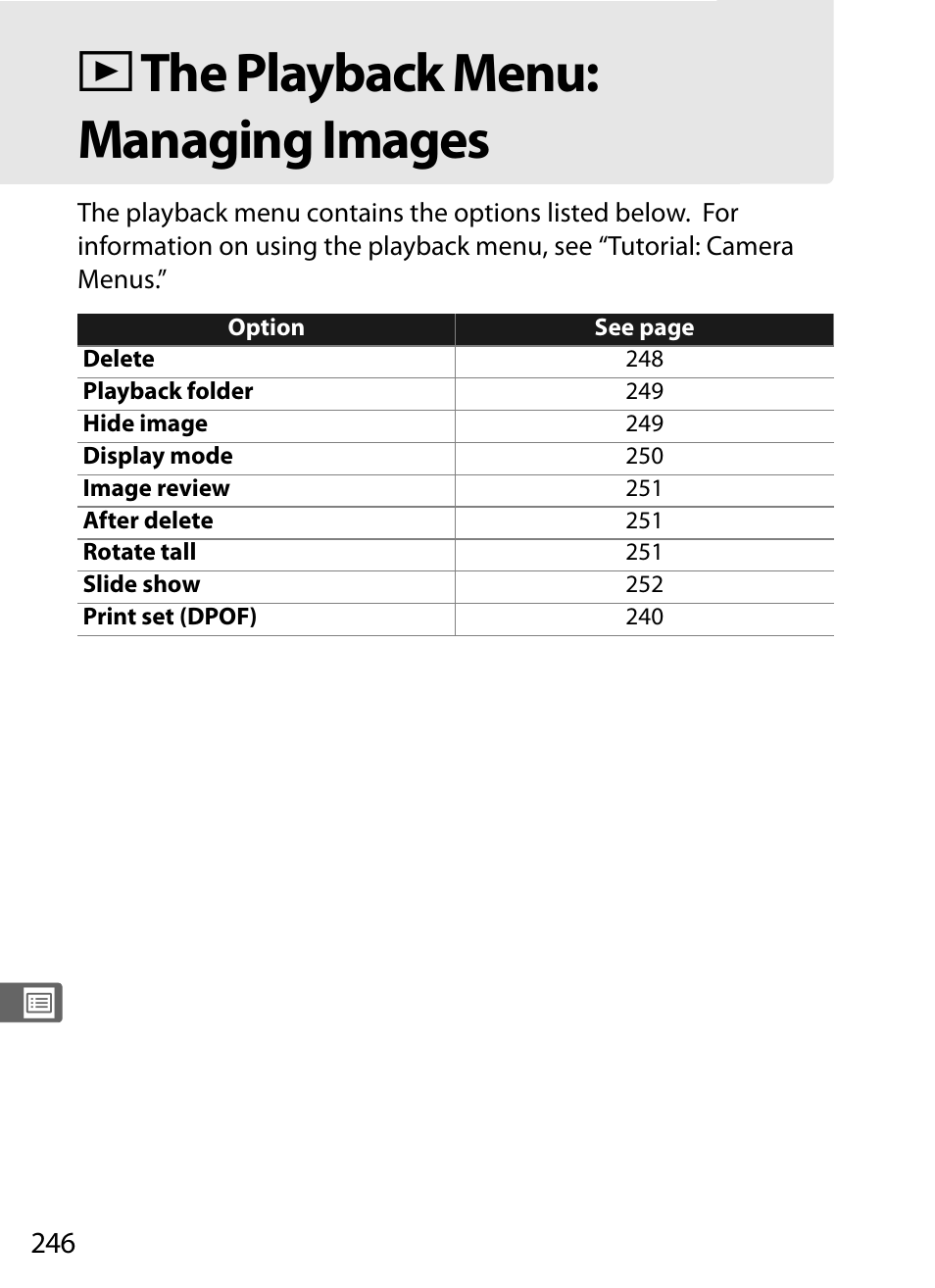 The playback menu: managing images, D the playback menu: managing images | Nikon D300 User Manual | Page 272 / 452