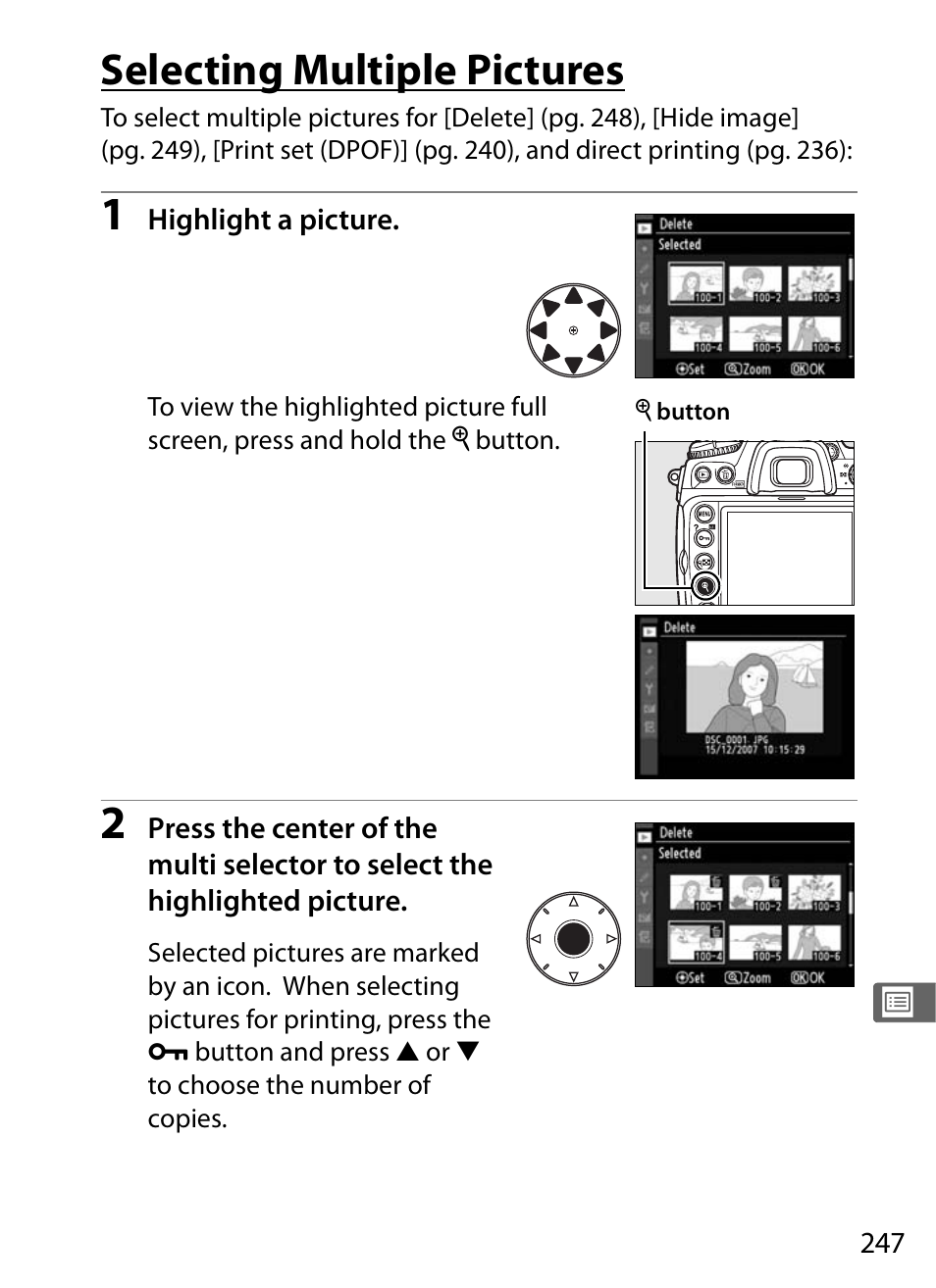 Selecting multiple pictures | Nikon D300 User Manual | Page 273 / 452