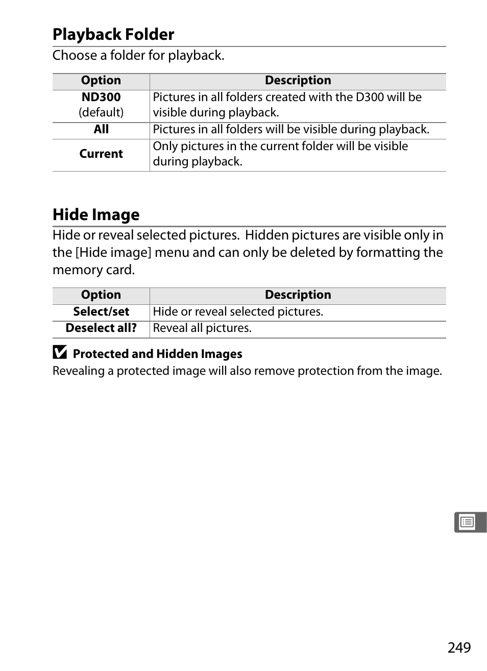 Playback folder, Hide image | Nikon D300 User Manual | Page 275 / 452