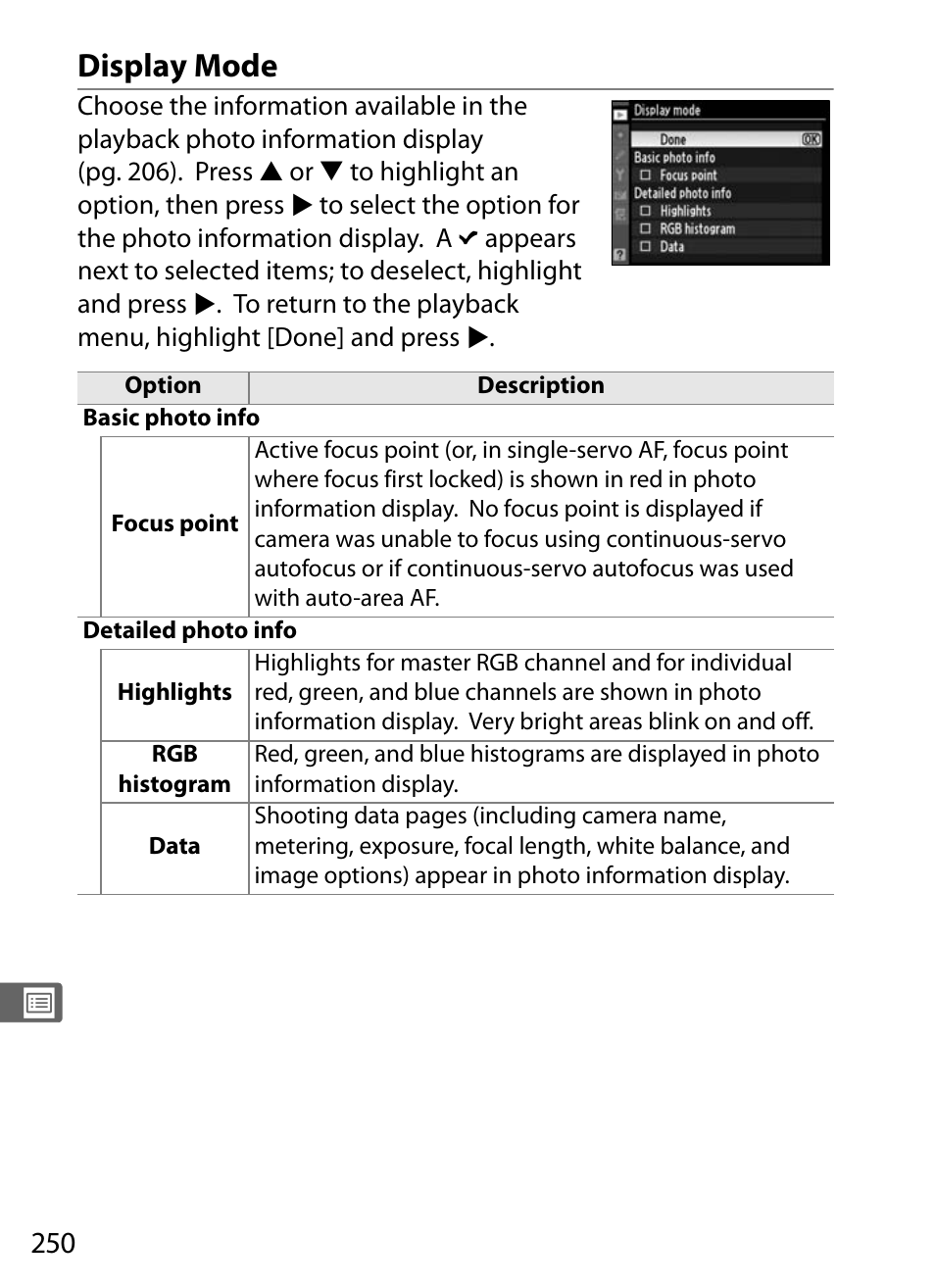 Display mode | Nikon D300 User Manual | Page 276 / 452