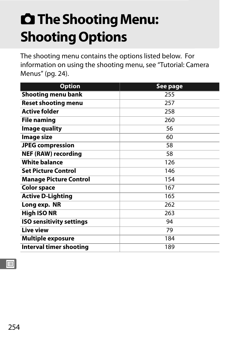 The shooting menu:shooting options, C the shooting menu: shooting options | Nikon D300 User Manual | Page 280 / 452