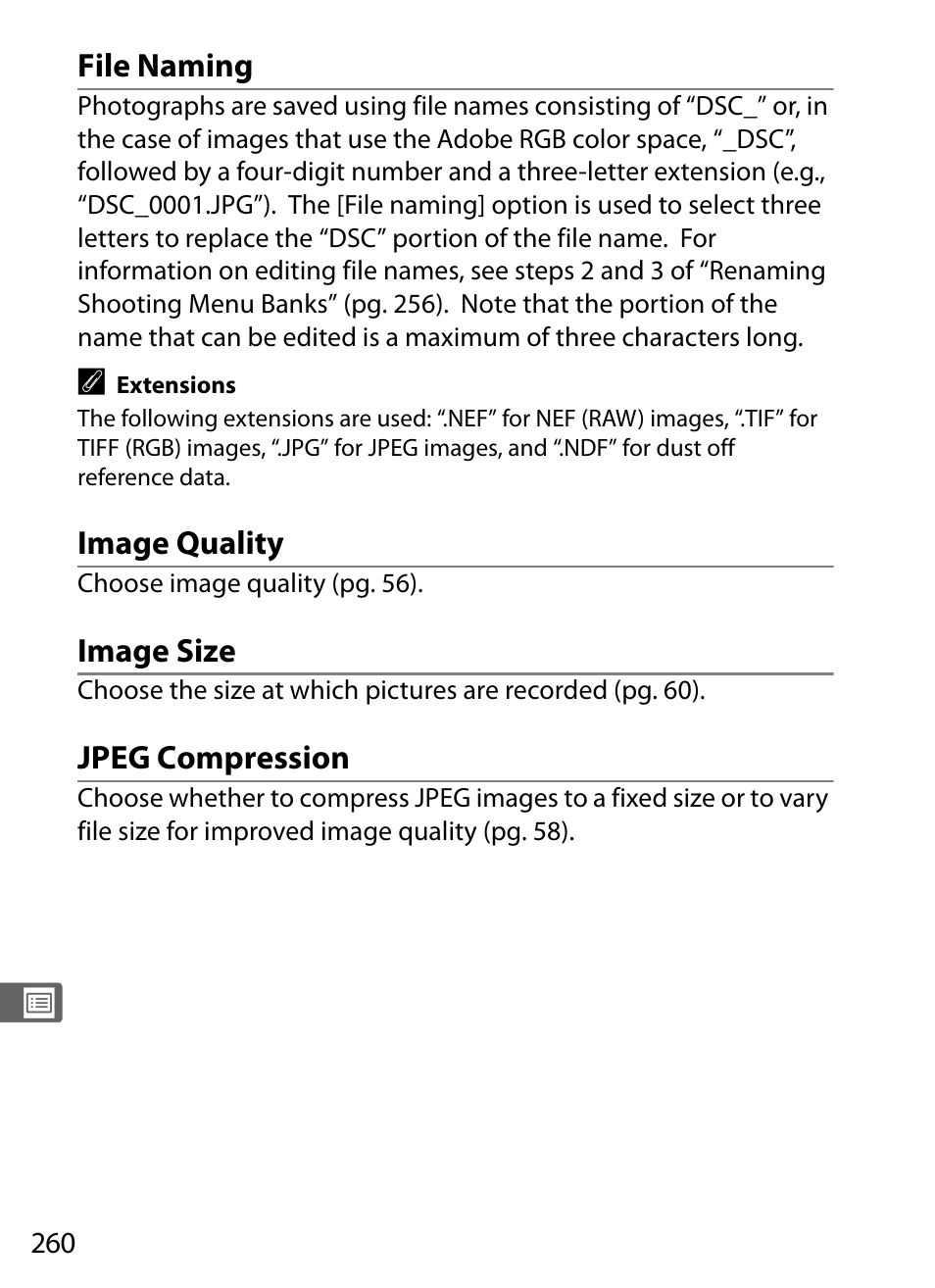 File naming, Image quality, Image size | Jpeg compression | Nikon D300 User Manual | Page 286 / 452