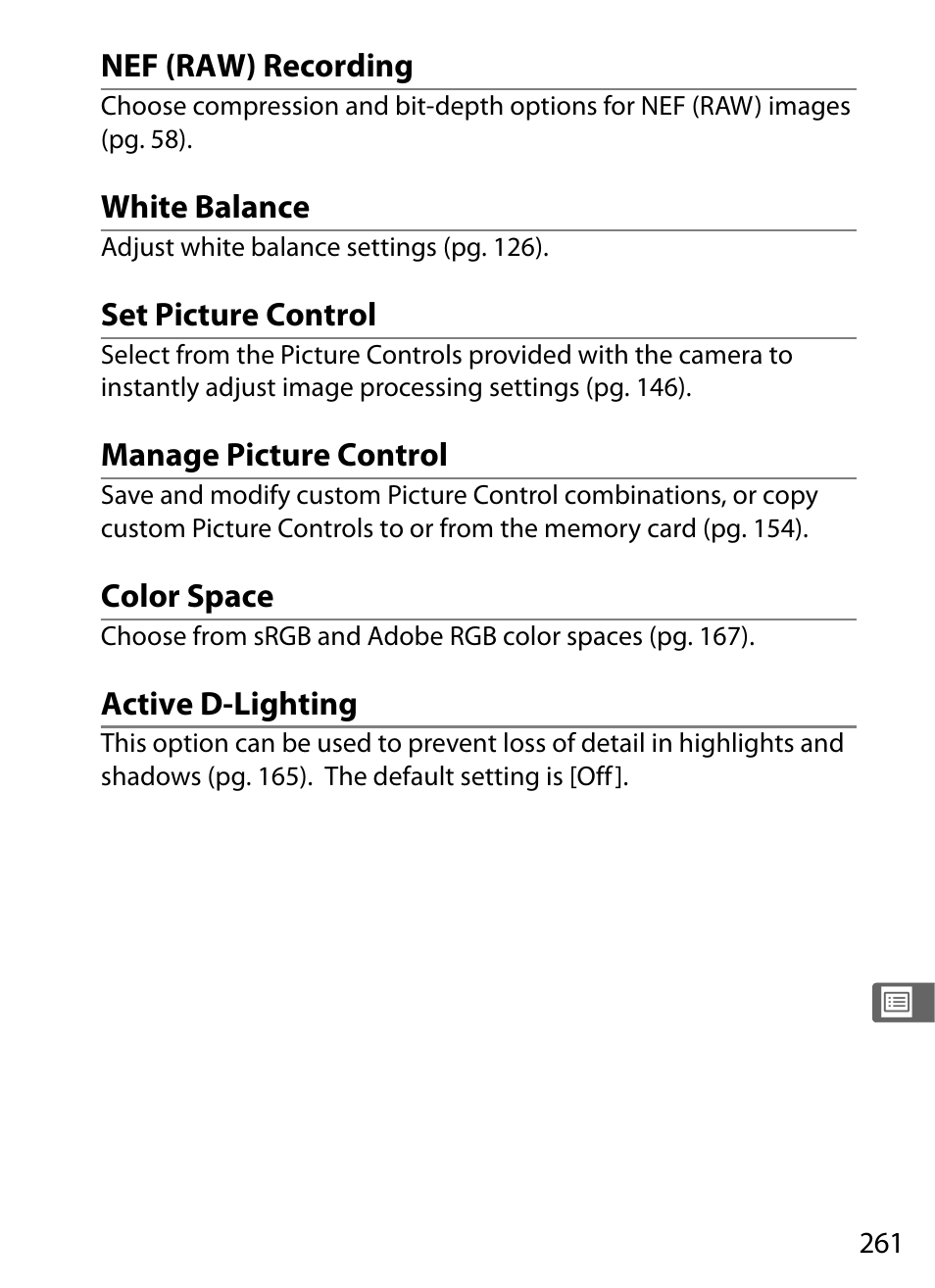 Nef (raw) recording, White balance, Set picture control | Manage picture control, Color space, Active d-lighting | Nikon D300 User Manual | Page 287 / 452