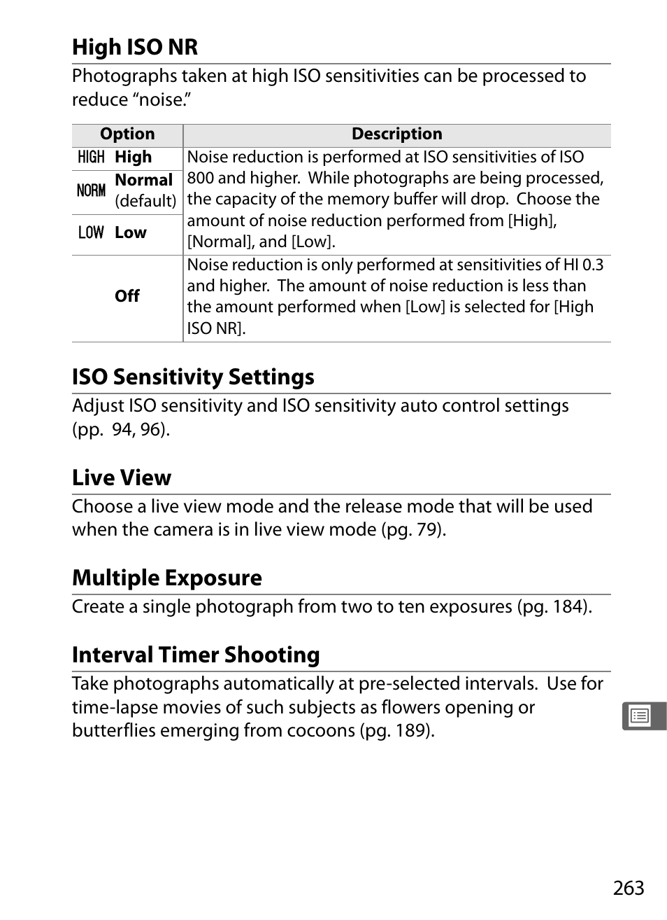 High iso nr, Iso sensitivity settings, Live view | Multiple exposure, Interval timer shooting | Nikon D300 User Manual | Page 289 / 452
