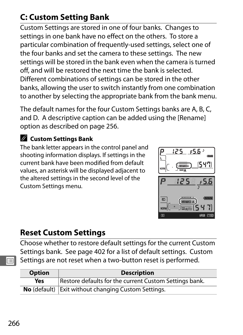 Custom setting bank, Reset custom settings, C: custom setting bank | Nikon D300 User Manual | Page 292 / 452