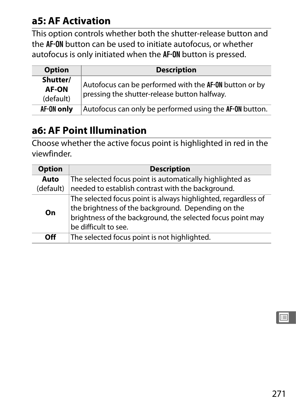 A5: af activation, A6: af point illumination | Nikon D300 User Manual | Page 297 / 452