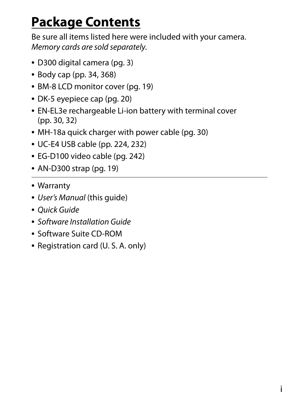 Package contents | Nikon D300 User Manual | Page 3 / 452