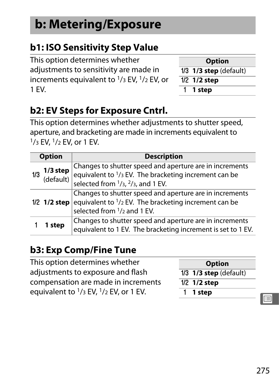 B: metering/exposure, B1: iso sensitivity step value, B2: ev steps for exposure cntrl | B3: exp comp/fine tune | Nikon D300 User Manual | Page 301 / 452