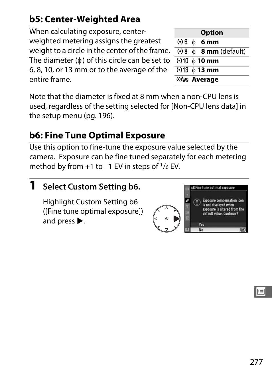 B5: center-weighted area, B6: fine tune optimal exposure | Nikon D300 User Manual | Page 303 / 452