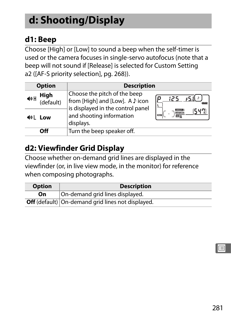 D: shooting/display, D1: beep, D2: viewfinder grid display | Nikon D300 User Manual | Page 307 / 452