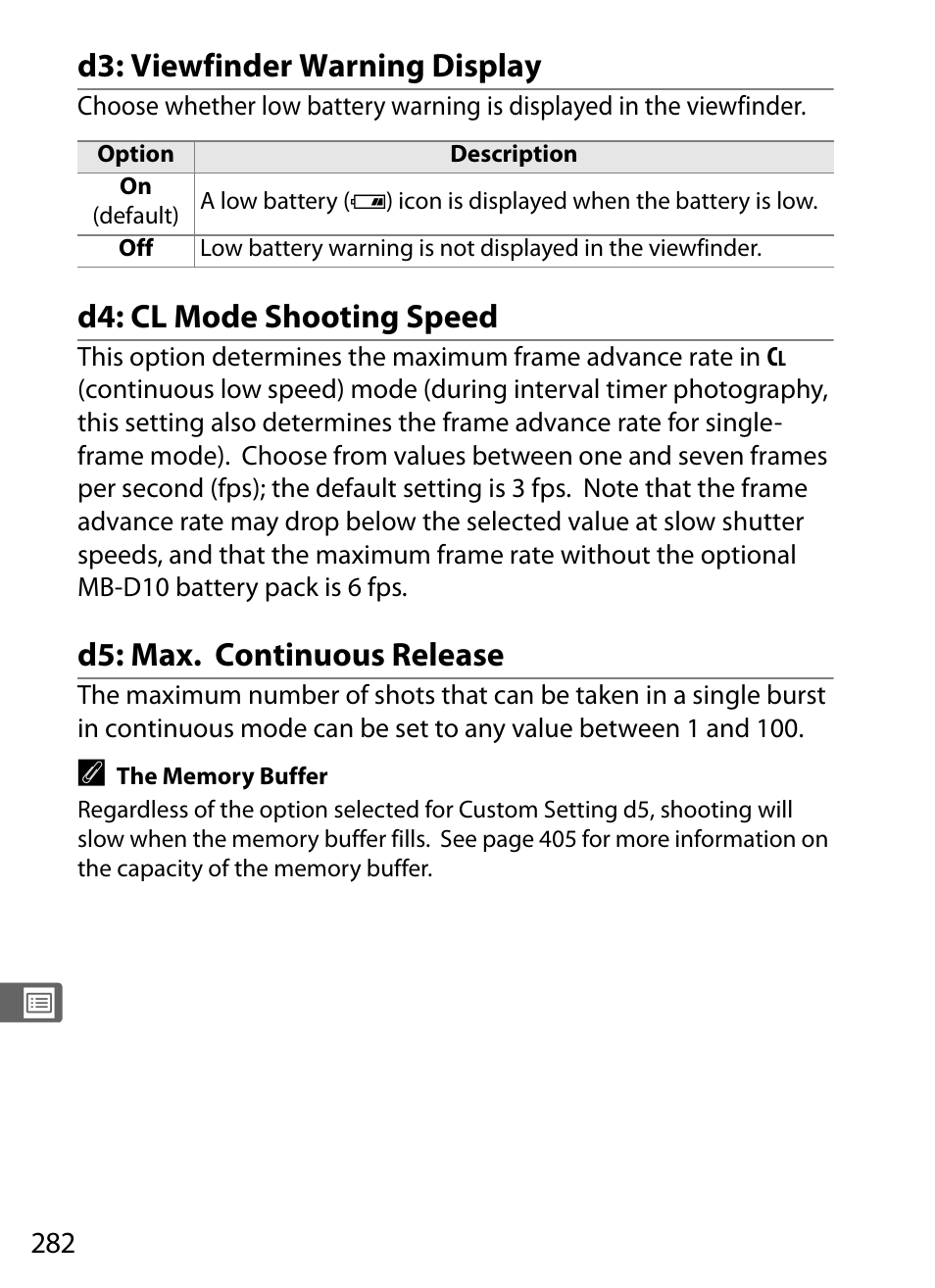 D3: viewfinder warning display, D4: cl mode shooting speed, D5: max. continuous release | Nikon D300 User Manual | Page 308 / 452