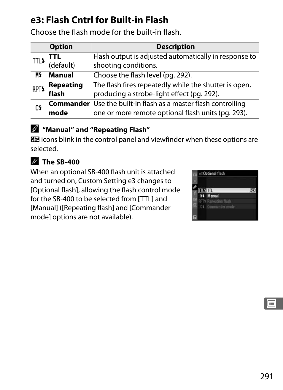 E3: flash cntrl for built-in flash | Nikon D300 User Manual | Page 317 / 452