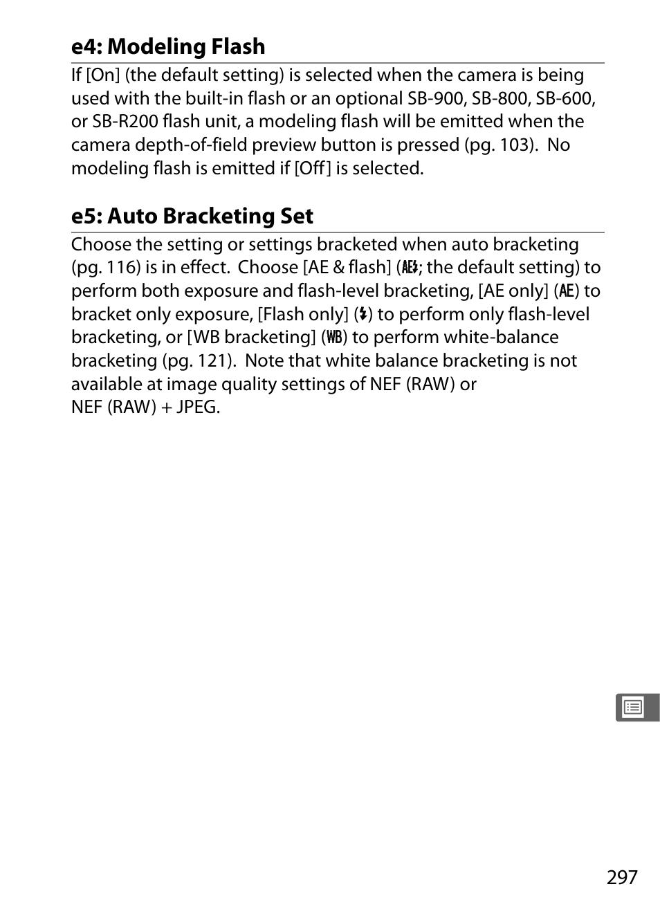 E4: modeling flash, E5: auto bracketing set | Nikon D300 User Manual | Page 323 / 452