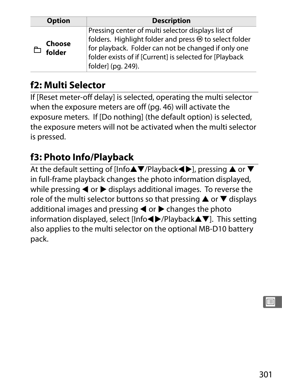 F2: multi selector, F3: photo info/playback | Nikon D300 User Manual | Page 327 / 452