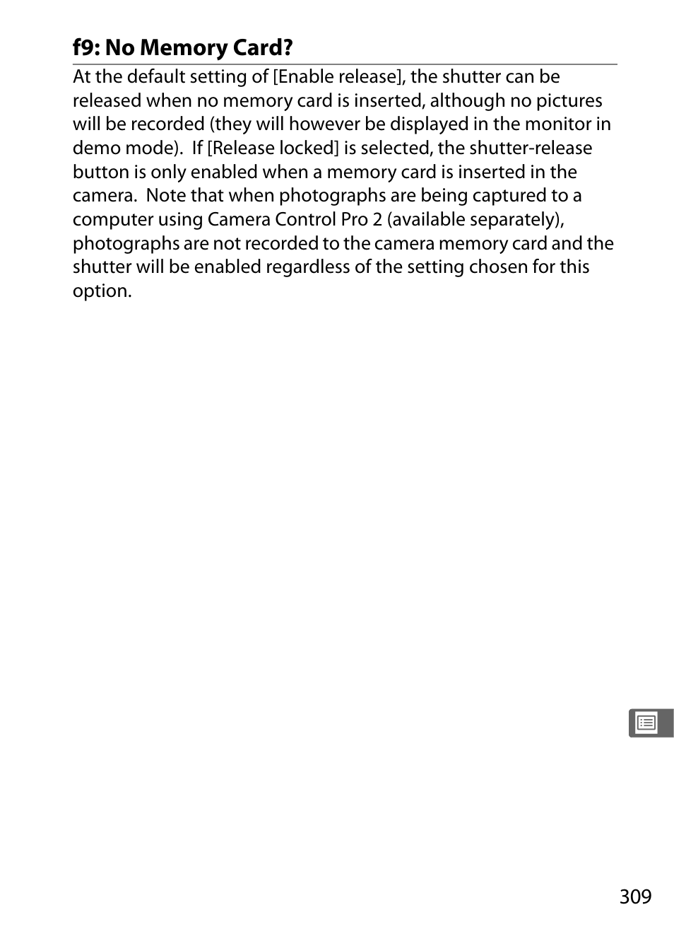F9: no memory card | Nikon D300 User Manual | Page 335 / 452