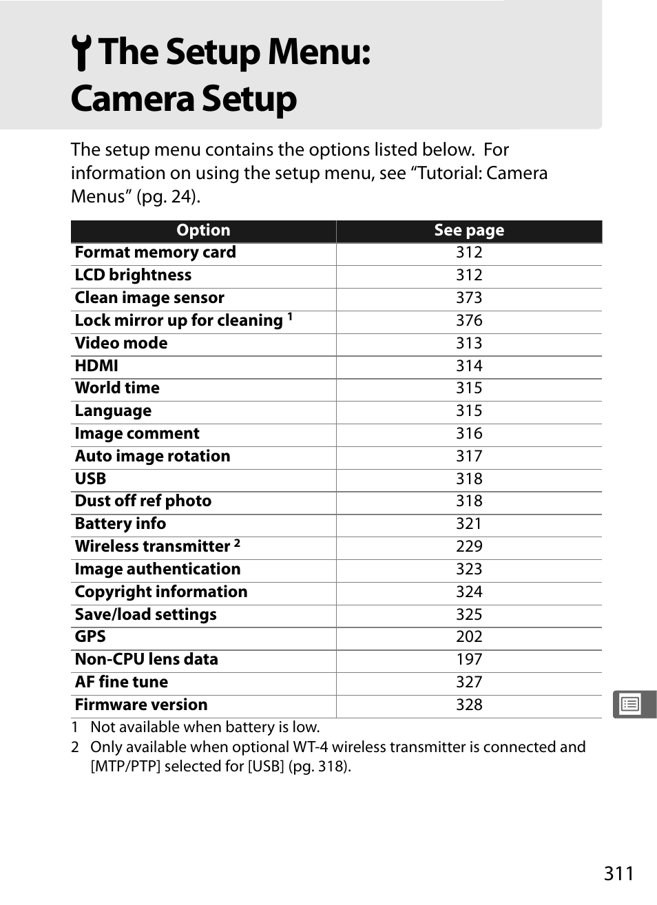 The setup menu:camera setup, B the setup menu: camera setup | Nikon D300 User Manual | Page 337 / 452