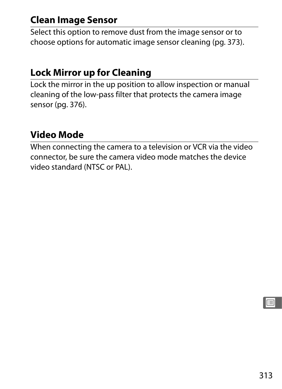 Clean image sensor, Lock mirror up for cleaning, Video mode | Nikon D300 User Manual | Page 339 / 452