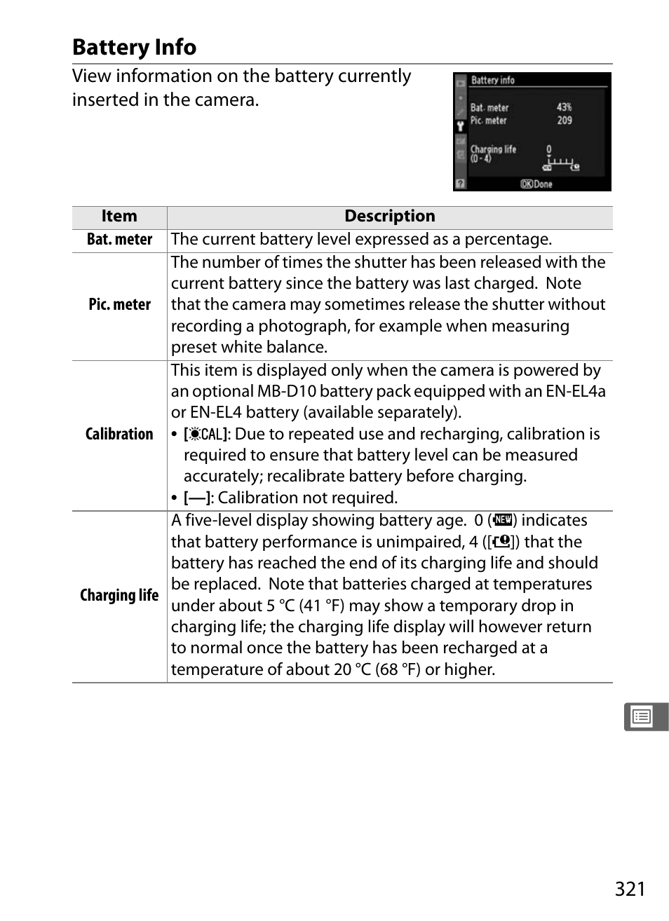 Battery info | Nikon D300 User Manual | Page 347 / 452