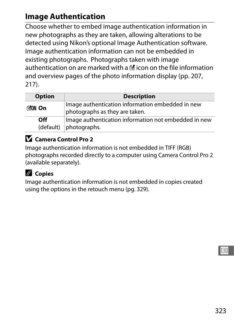 Image authentication | Nikon D300 User Manual | Page 349 / 452