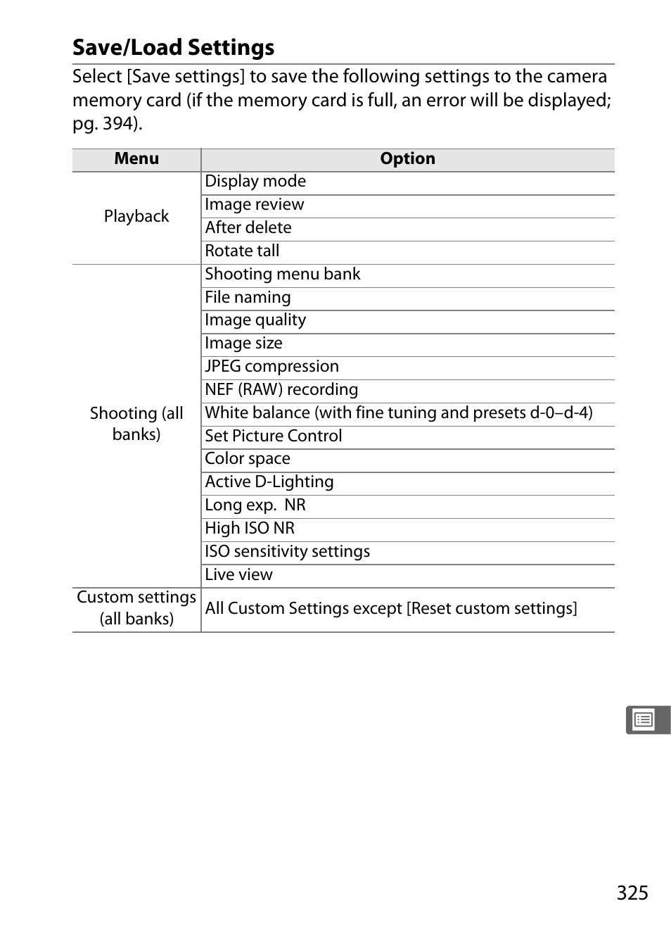 Save/load settings | Nikon D300 User Manual | Page 351 / 452