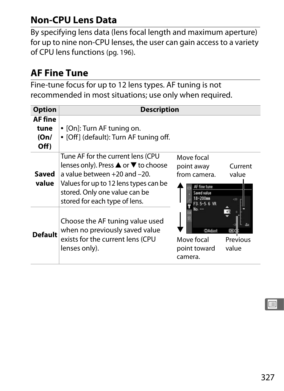 Non-cpu lens data, Af fine tune | Nikon D300 User Manual | Page 353 / 452