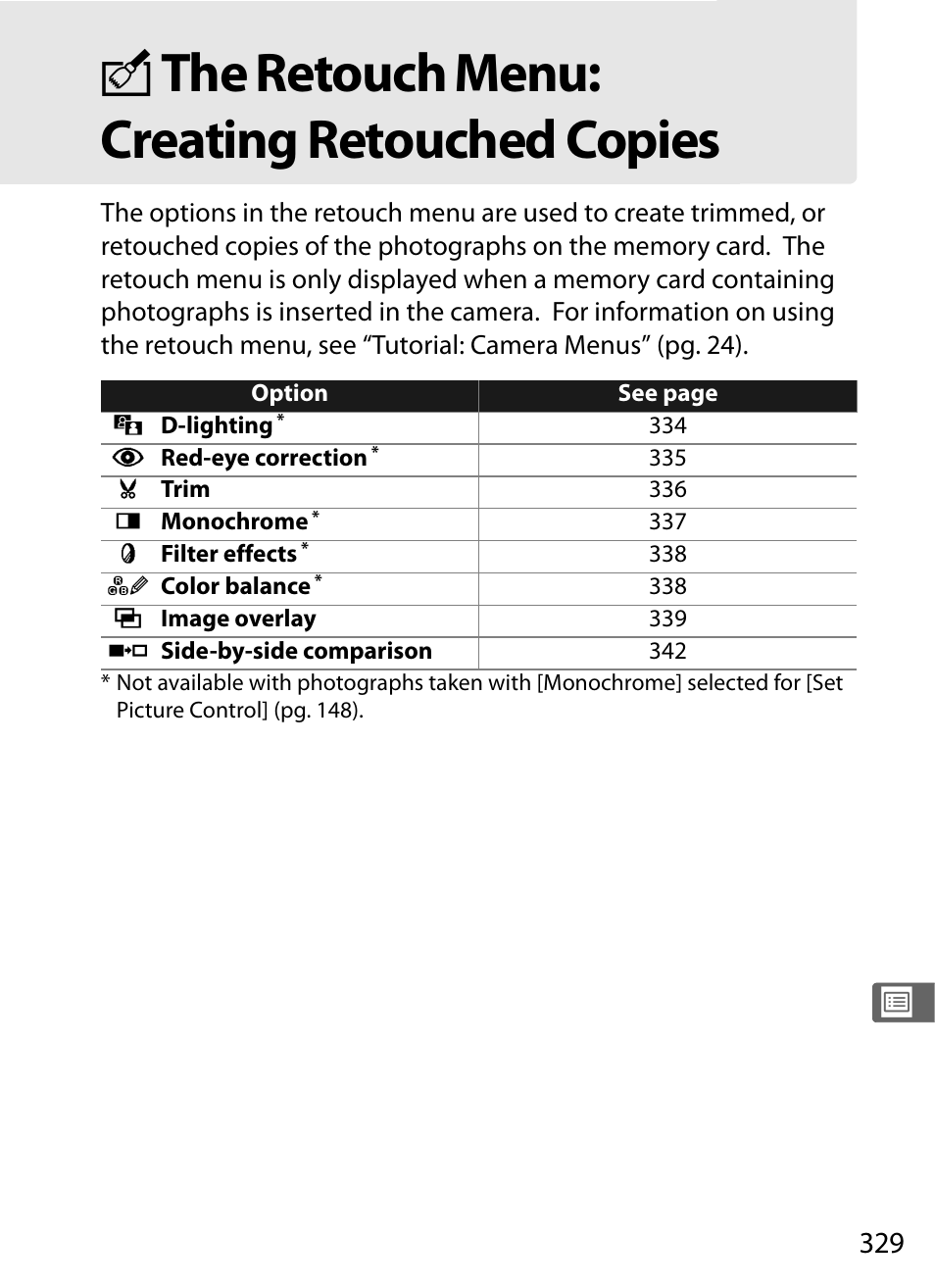 The retouch menu: creating retouched copies, N the retouch menu: creating retouched copies | Nikon D300 User Manual | Page 355 / 452